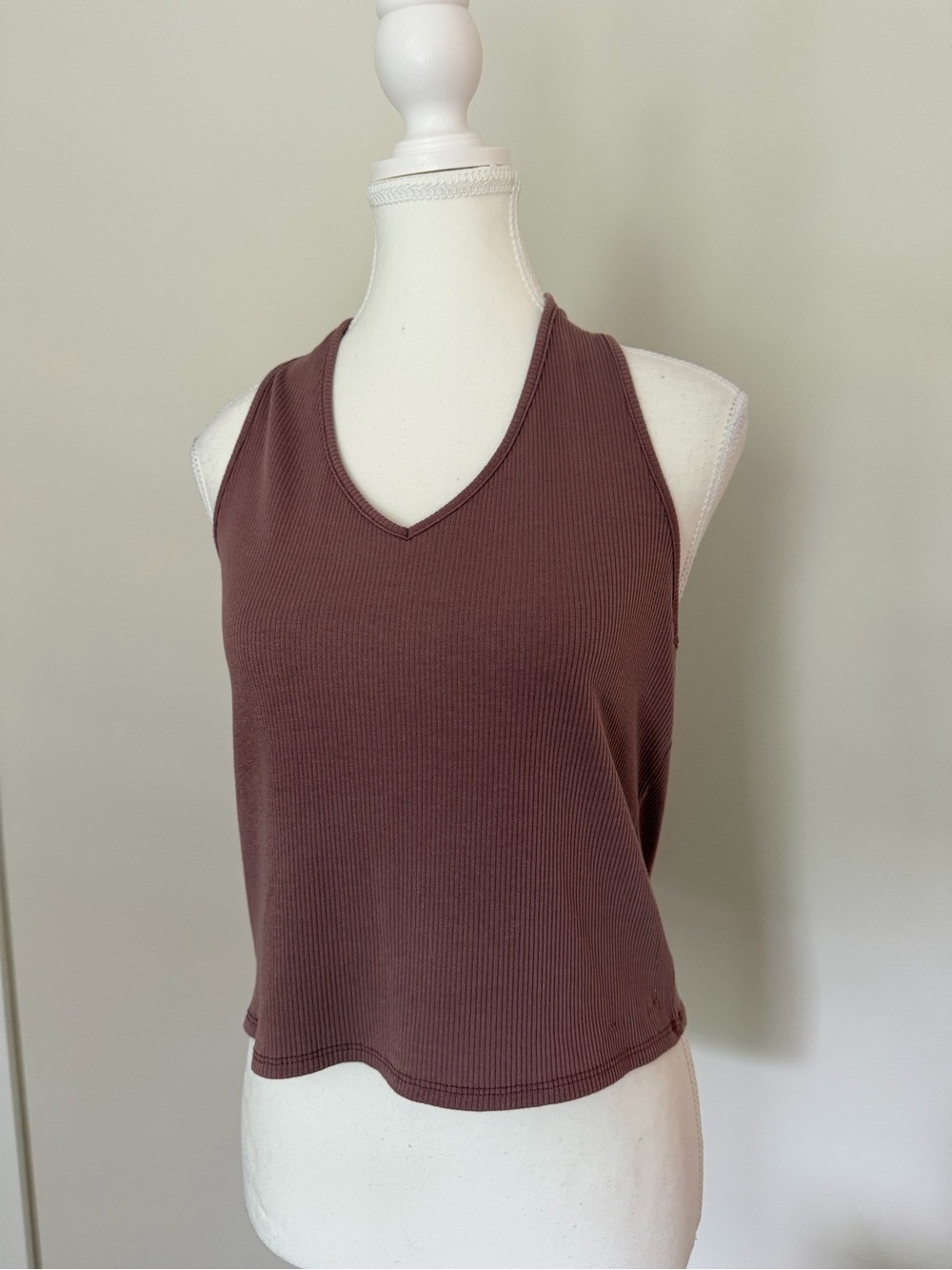 American Eagle Outfitters Ribbed V-Neck Halter Tank in Mauve